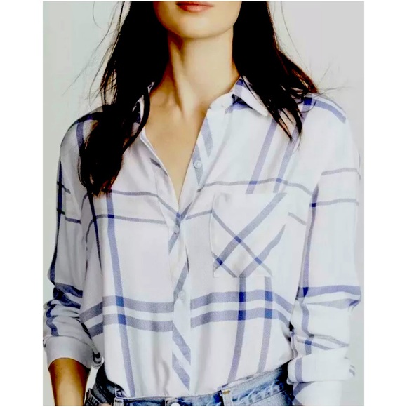 Rails x Anthropologie Hunter Plaid Indigo Powder Blush XS Blue Pink Buttondown - Picture 10 of 11